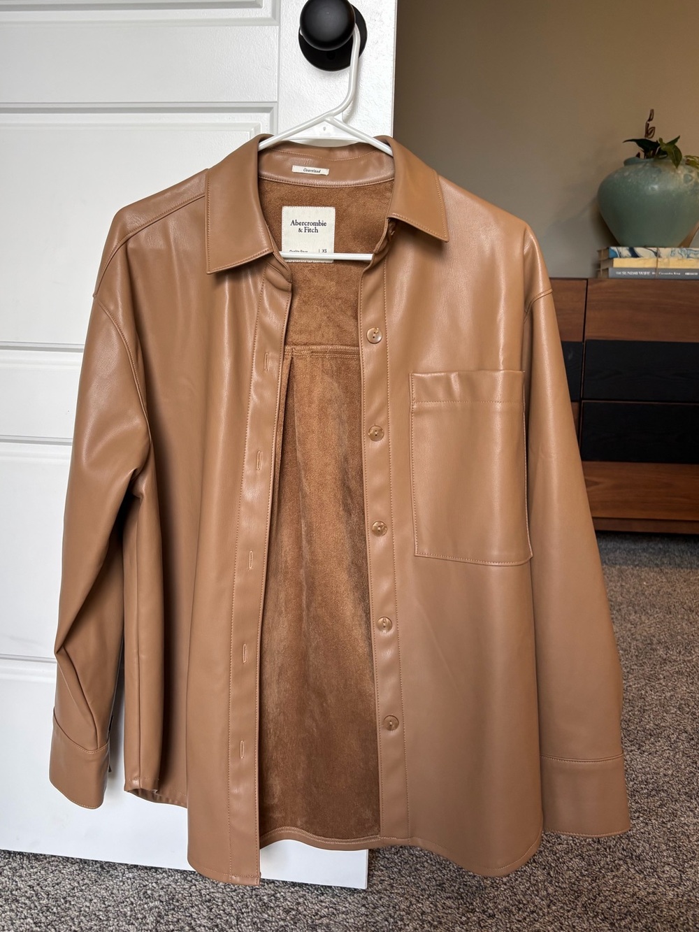 Abercrombie & Fitch Camel Faux-Leather Oversized Shirt Jacket